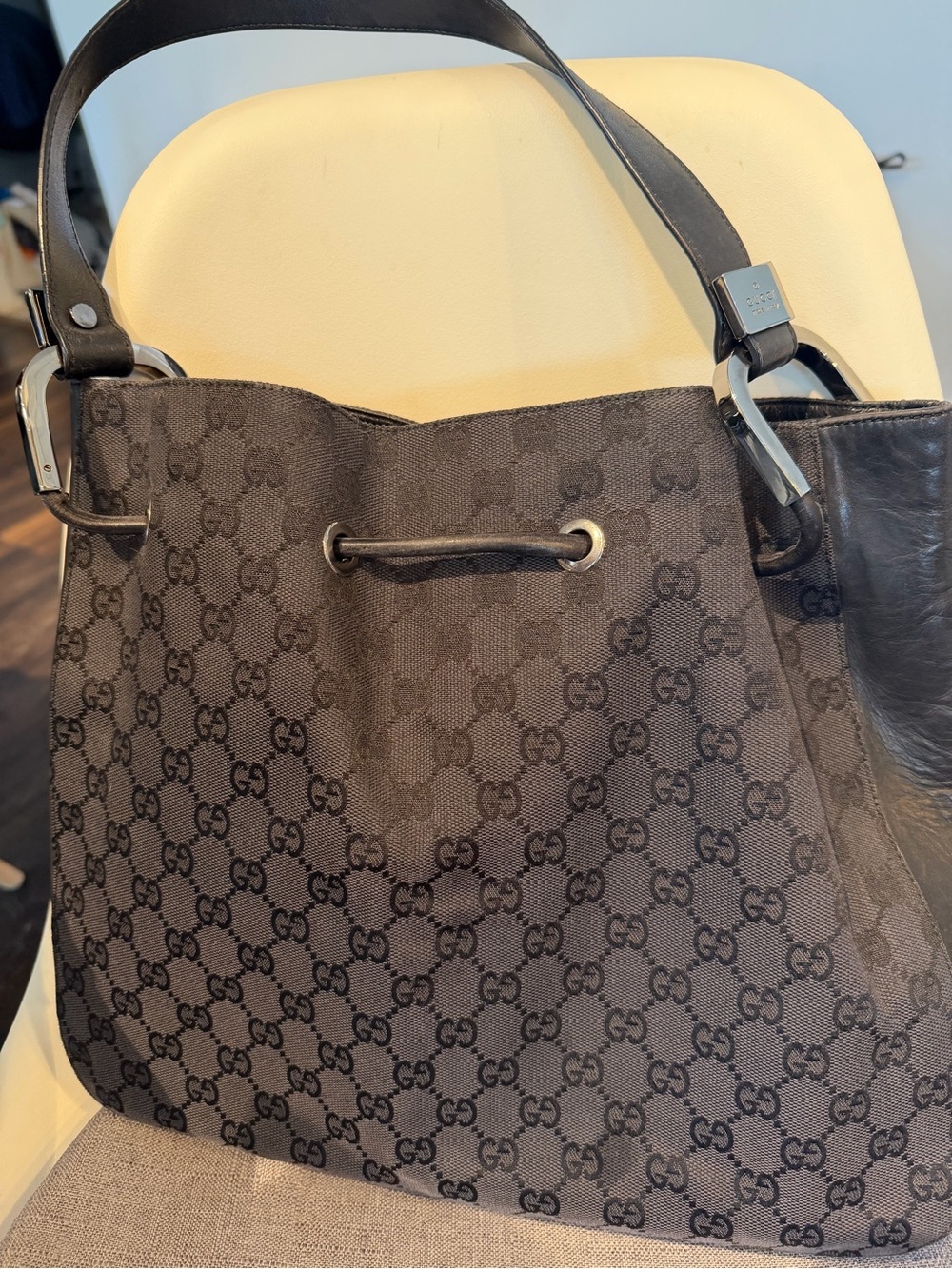 Vintage Gucci Black Monogram Canvas Shoulder Bag with Leather Trim